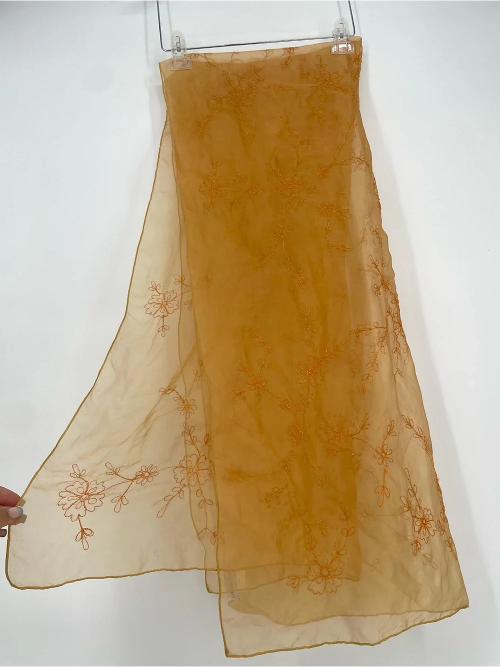 Laila Rowe 100% Silk Golden Orange Large Sheer Organza Embroidered Scarf / Wrap